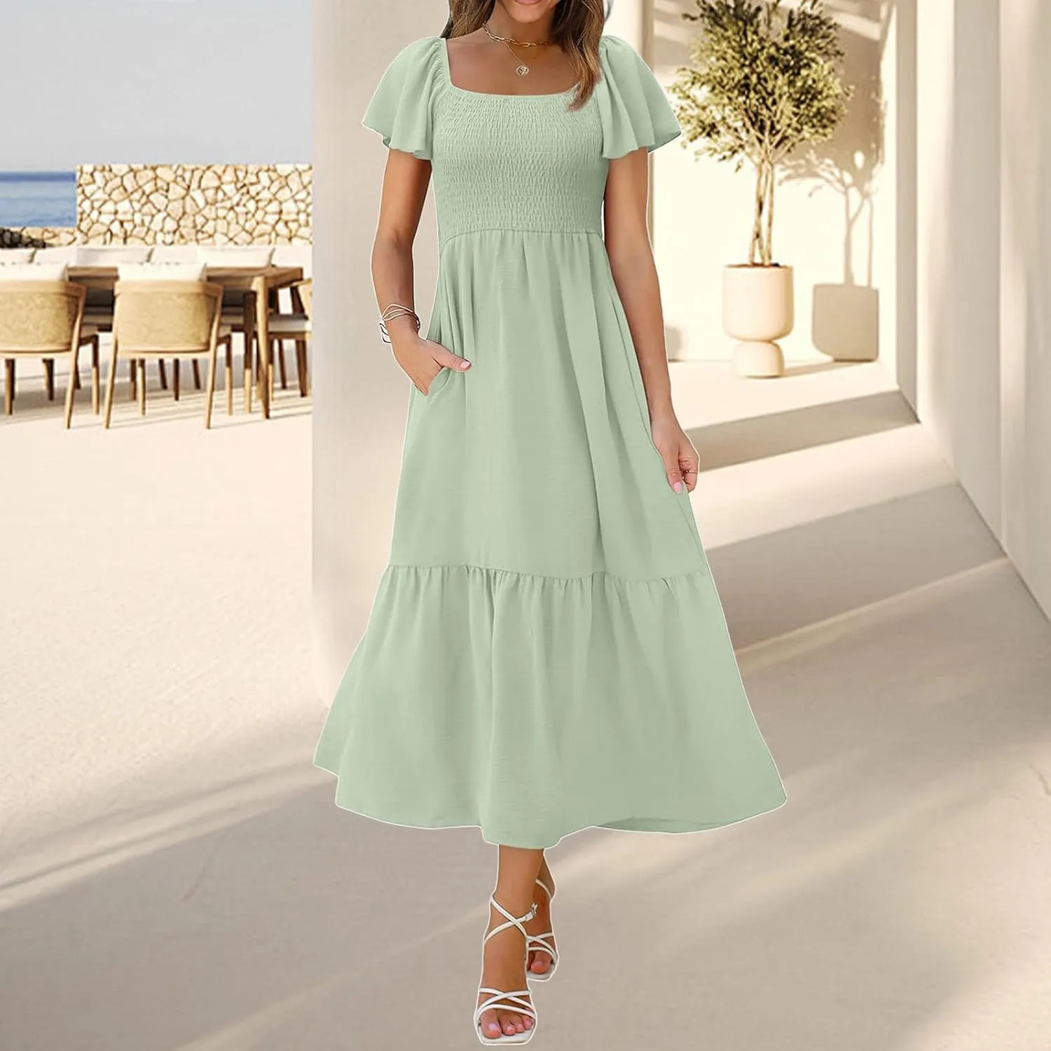 Maxi Dresses for Women Casual Square Neck Ruffle Short Sleeve Long Dress Fashion Smocked Elastic Waist Tiered Dress