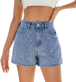 Melliflo Women's Rhinestone Jean Shorts Y2k Summer Casual Denim Shorts Stretchy High Waisted Trendy Denim Short with Pockets