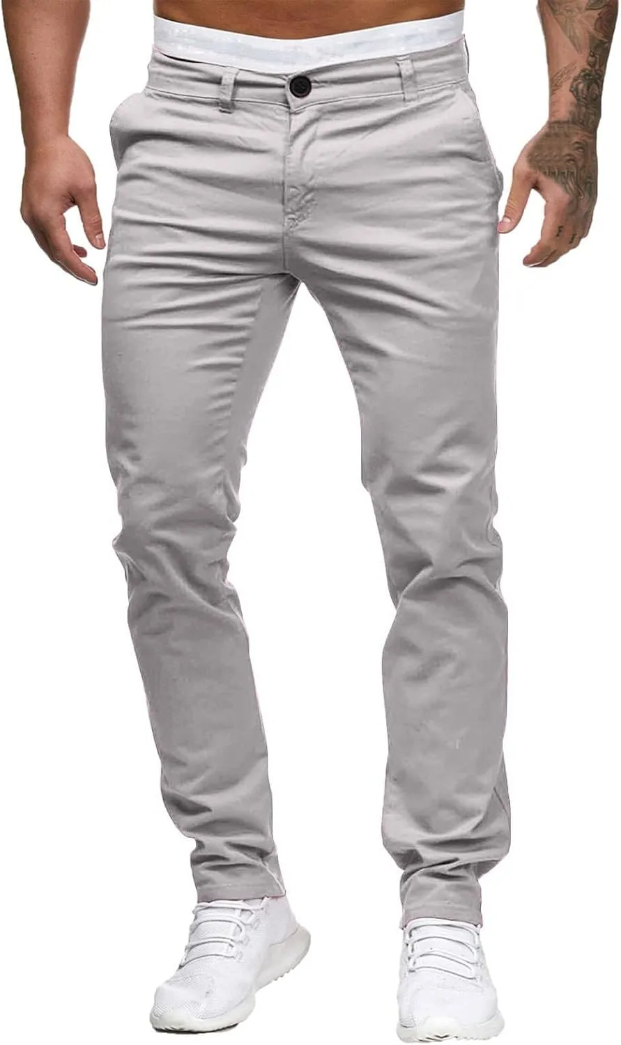 Men Chinos Joggers Pants Straight Fit Canvas Work Pant Elastic Waist Drawstring Flex Tapered Pant with Multi Pockets