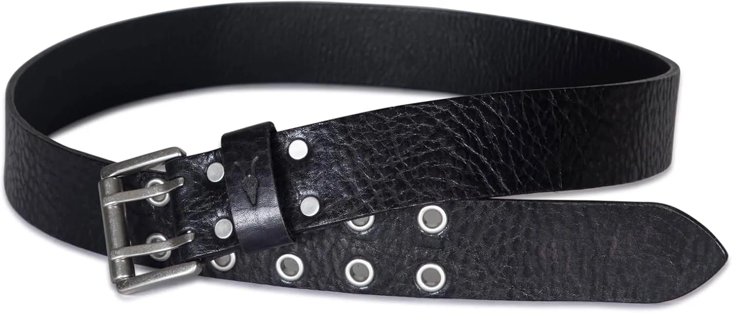 Men's 1.5 Inch Distressed Leather Eyelet Belt, Metal Buckle, Adjustable Sizing