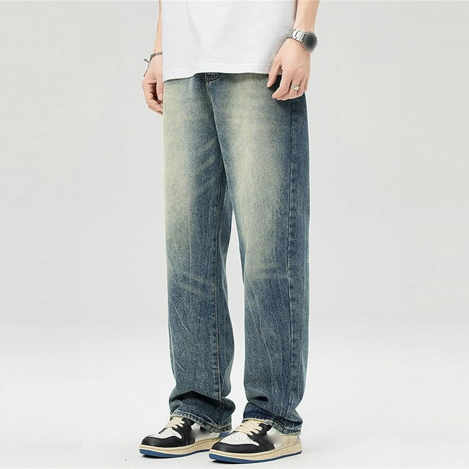 Mens Baggy Straight Hip Hop Jeans Loose Simple Denim Pants Casual Streetwear Relaxed Fit Jeans