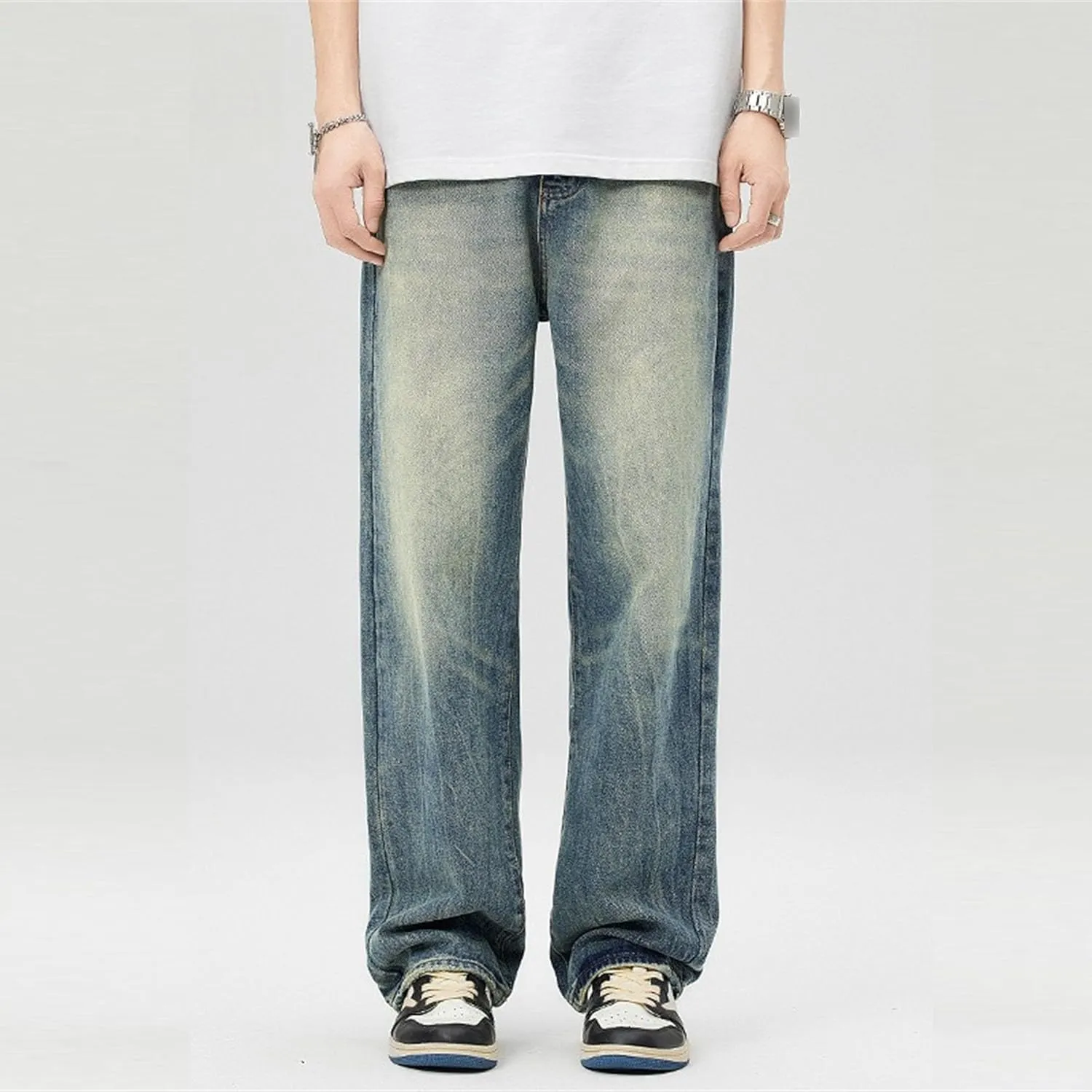 Mens Baggy Straight Hip Hop Jeans Loose Simple Denim Pants Casual Streetwear Relaxed Fit Jeans