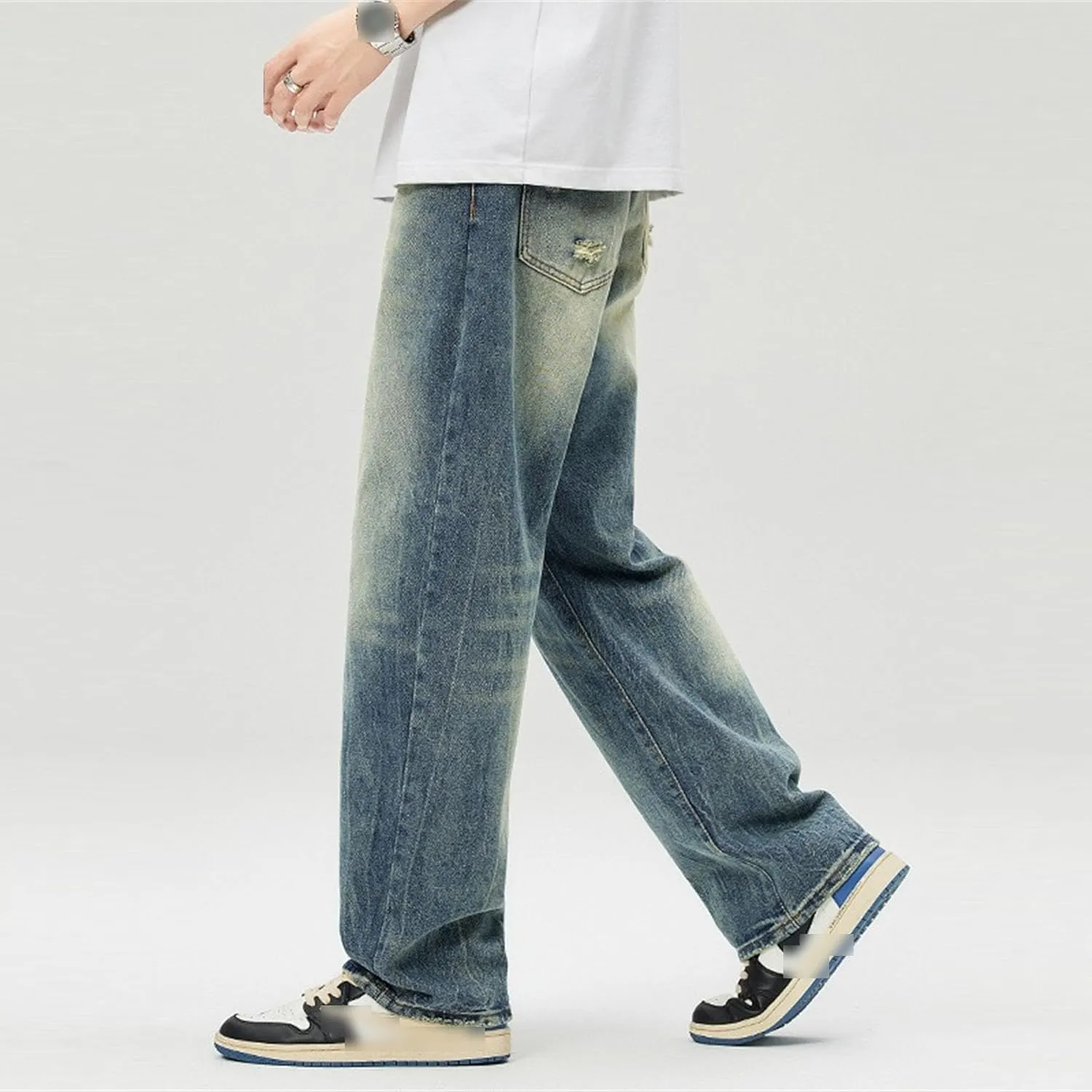 Mens Baggy Straight Hip Hop Jeans Loose Simple Denim Pants Casual Streetwear Relaxed Fit Jeans