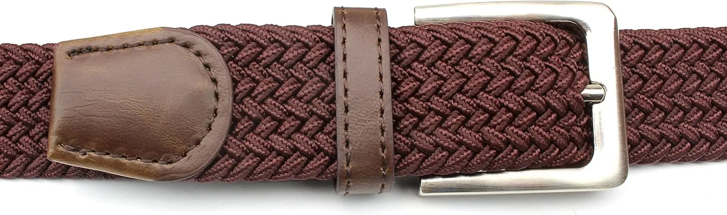 Mens Braided Elastic Stretch Belt Leather Tipped End and Silver Metal Buckle