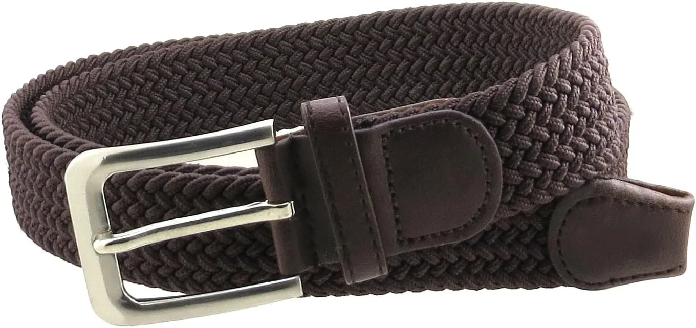 Mens Braided Elastic Stretch Belt Leather Tipped End and Silver Metal Buckle