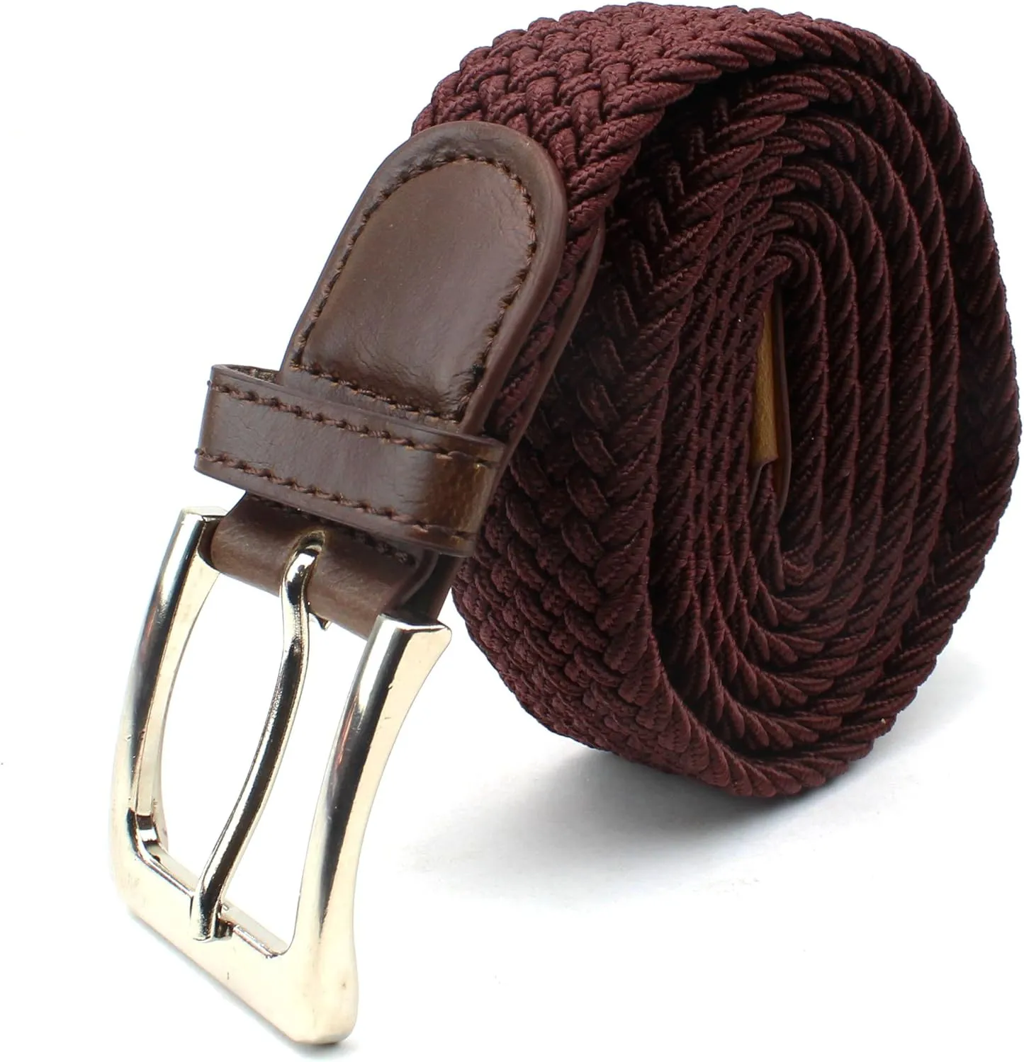 Mens Braided Elastic Stretch Belt Leather Tipped End and Silver Metal Buckle
