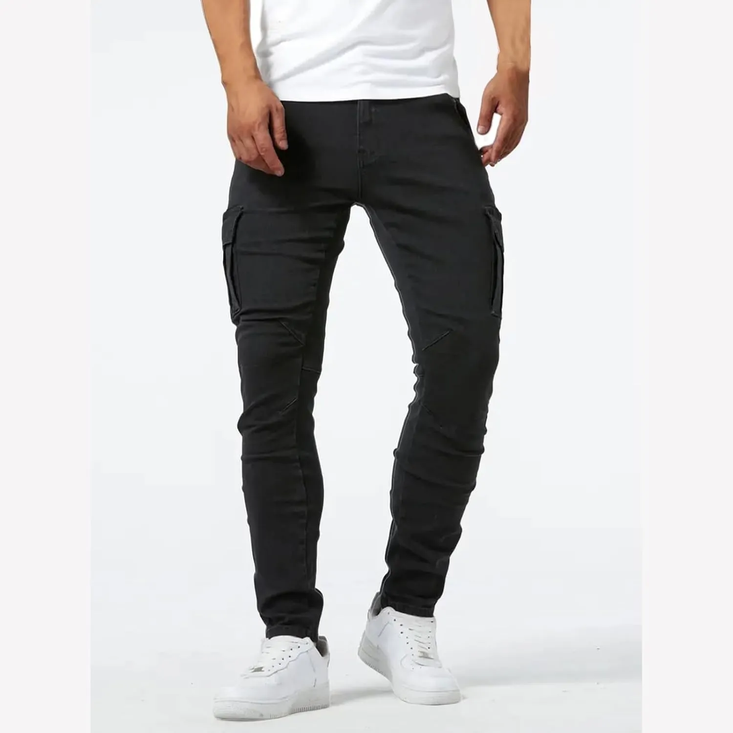 Men's Cargo Jeans Relaxed Fit Stretchy Denim Jeans Lightweight Casual Streetwear Straight Leg Athletic Pants Plain