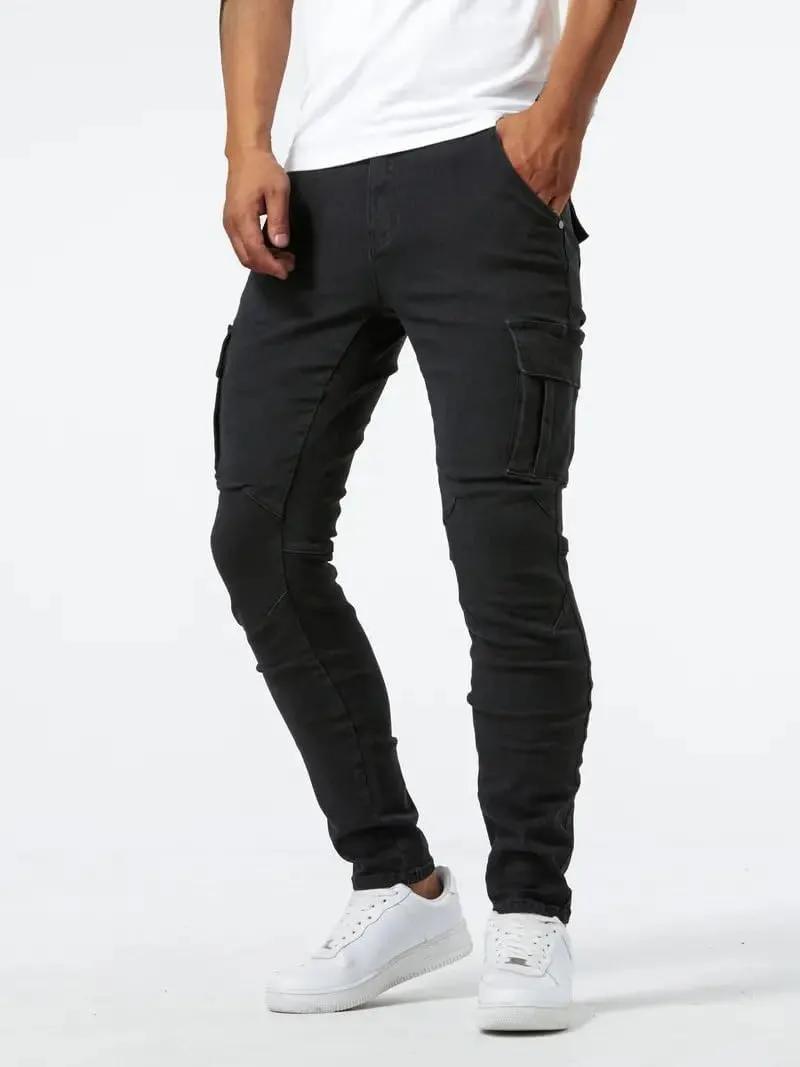 Men's Cargo Jeans Relaxed Fit Stretchy Denim Jeans Lightweight Casual Streetwear Straight Leg Athletic Pants Plain