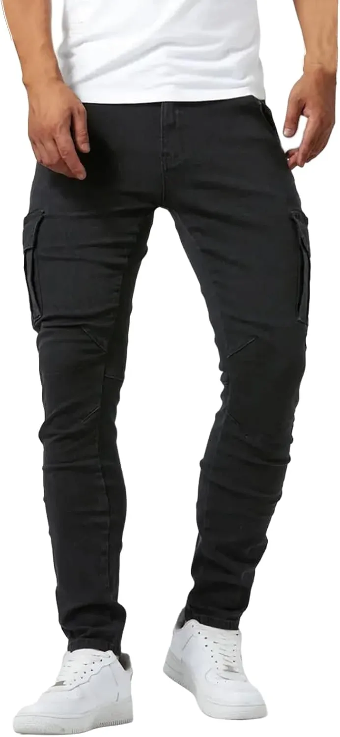 Men's Cargo Jeans Relaxed Fit Stretchy Denim Jeans Lightweight Casual Streetwear Straight Leg Athletic Pants Plain