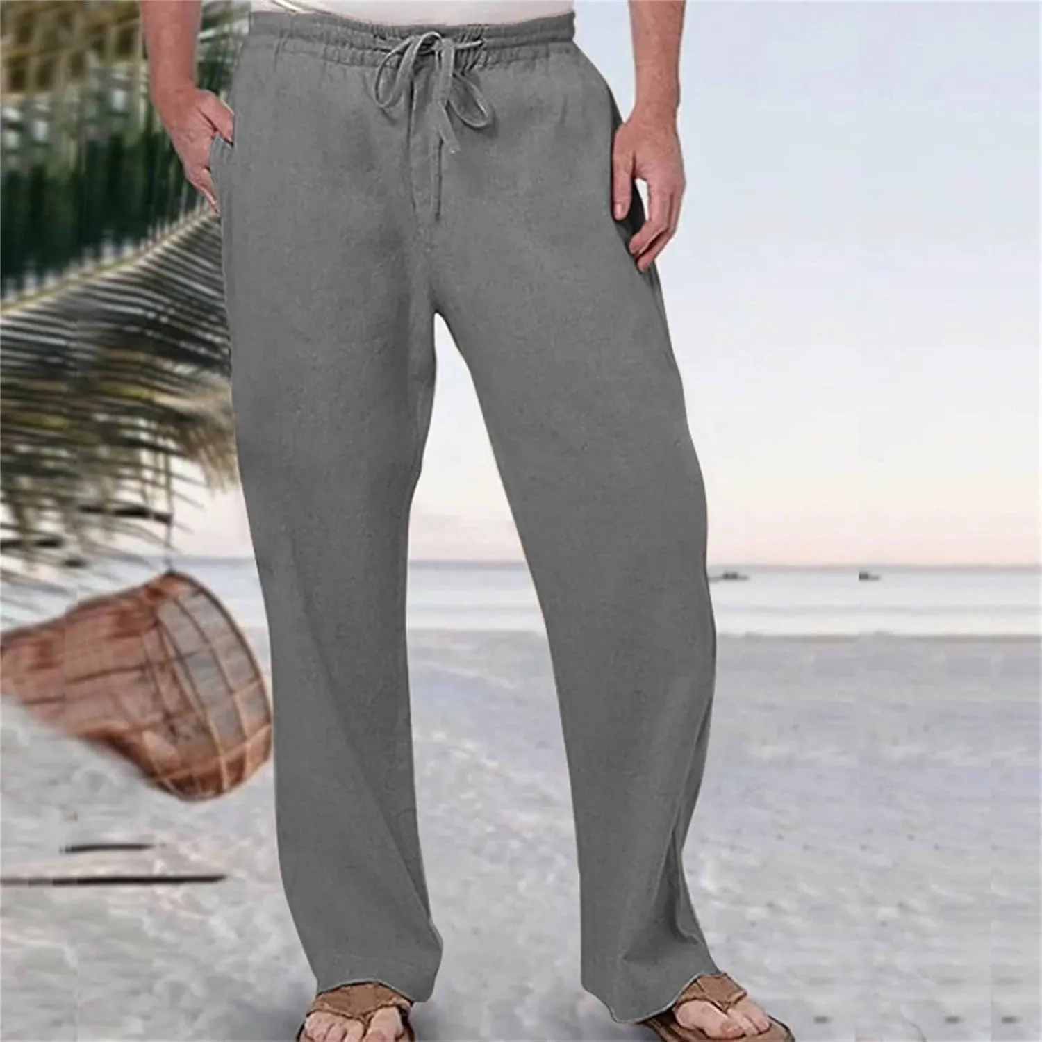 Mens Casual Linen Pants Elastic Waist Drawstring Lightweight Trouser Casual 2024 Straight Leg with Pockets Trousers