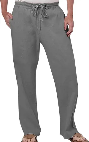 Mens Casual Linen Pants Elastic Waist Drawstring Lightweight Trouser Casual 2024 Straight Leg with Pockets Trousers