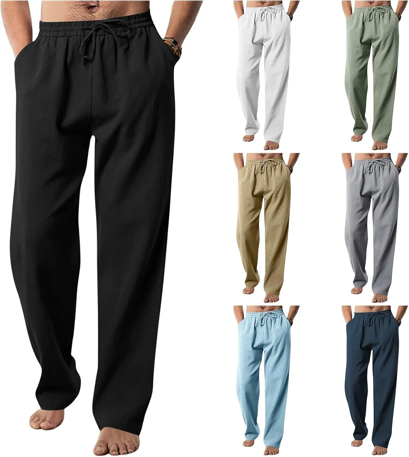Men's Casual Linen Pants Elastic Waist Drawstring Yoga Beach Pants Casual Lightweight Loose Fit Trousers Baggy Pants