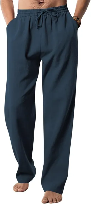Men's Casual Linen Pants Elastic Waist Drawstring Yoga Beach Pants Casual Lightweight Loose Fit Trousers Baggy Pants
