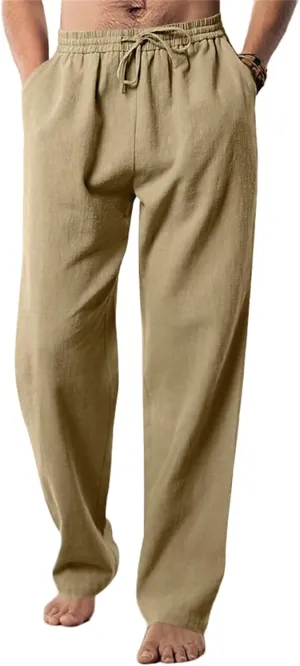 Men's Casual Linen Pants Elastic Waist Drawstring Yoga Beach Pants Casual Lightweight Loose Fit Trousers Baggy Pants