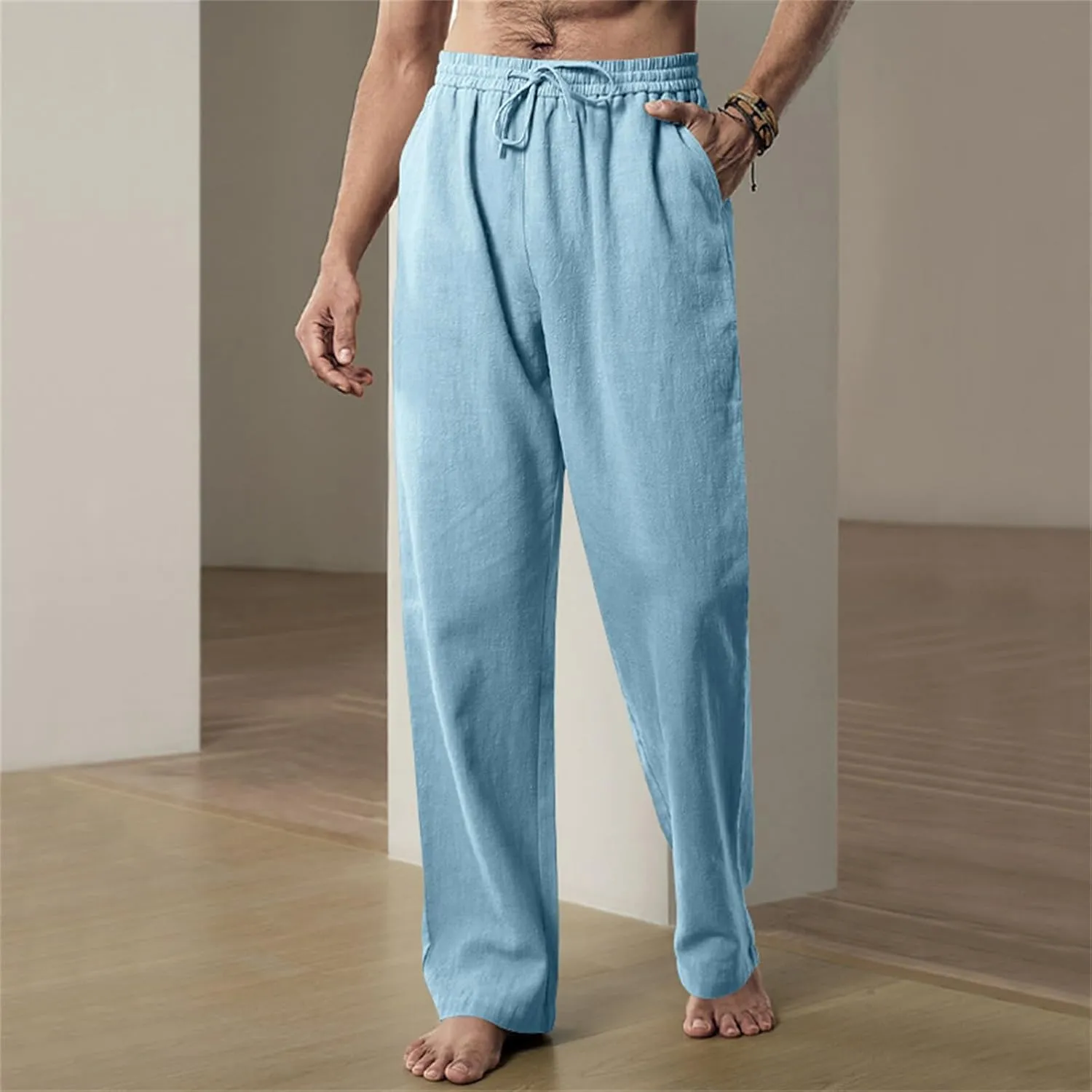 Men's Casual Linen Pants Elastic Waist Drawstring Yoga Beach Pants Casual Lightweight Loose Fit Trousers Baggy Pants