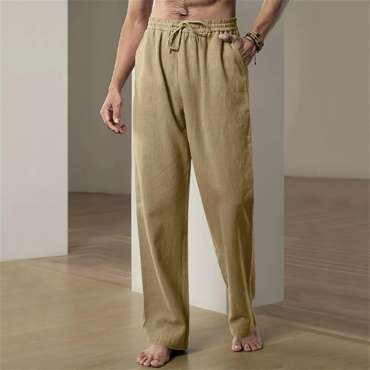Men's Casual Linen Pants Elastic Waist Drawstring Yoga Beach Pants Casual Lightweight Loose Fit Trousers Baggy Pants