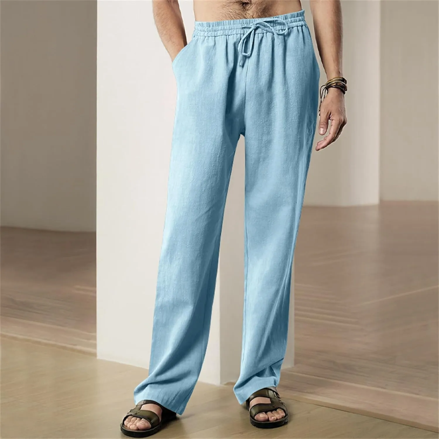 Men's Casual Linen Pants Elastic Waist Drawstring Yoga Beach Pants Casual Lightweight Loose Fit Trousers Baggy Pants