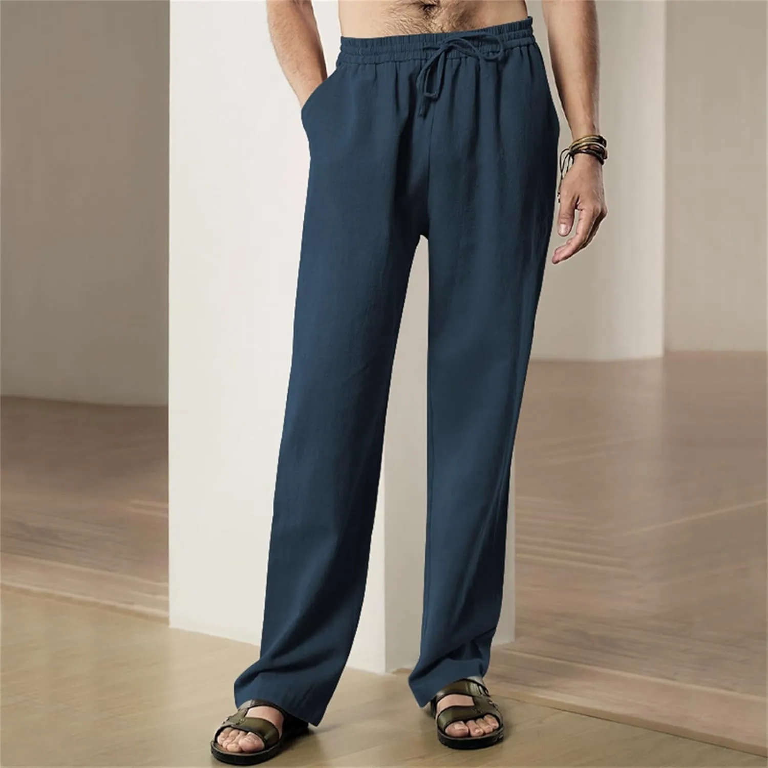 Men's Casual Linen Pants Elastic Waist Drawstring Yoga Beach Pants Casual Lightweight Loose Fit Trousers Baggy Pants