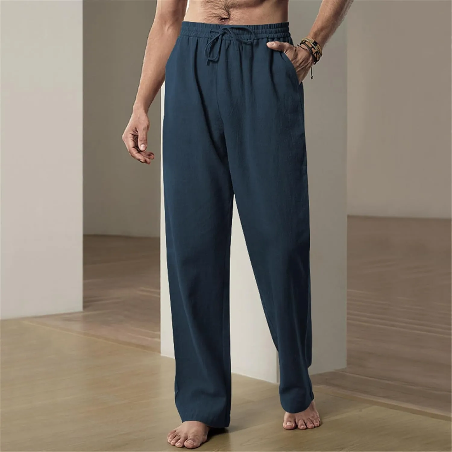 Men's Casual Linen Pants Elastic Waist Drawstring Yoga Beach Pants Casual Lightweight Loose Fit Trousers Baggy Pants