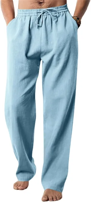 Men's Casual Linen Pants Elastic Waist Drawstring Yoga Beach Pants Casual Lightweight Loose Fit Trousers Baggy Pants