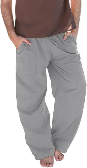 Men's Casual Linen Pants Lightweight Casual Relaxed Fit Wide Leg Breathable Drawstring Waist Summer Beach Trousers