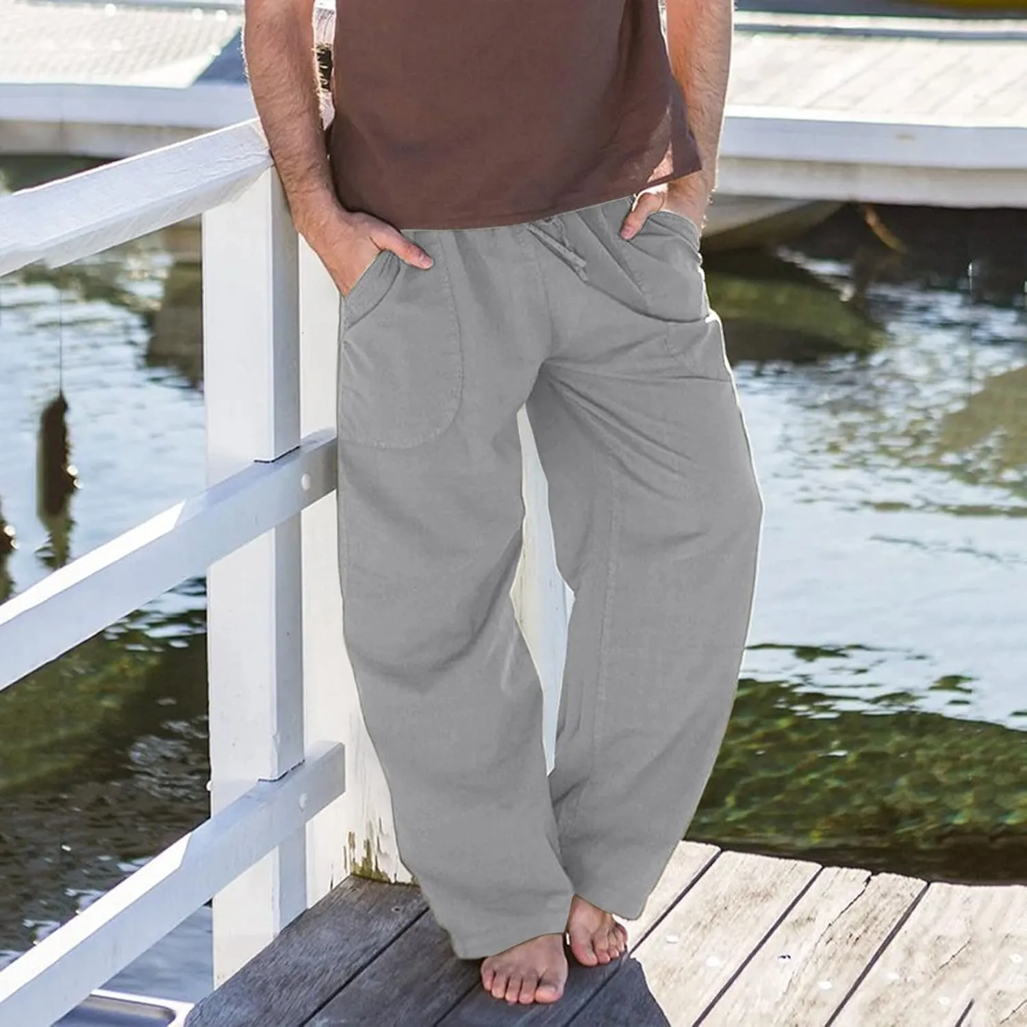 Men's Casual Linen Pants Lightweight Casual Relaxed Fit Wide Leg Breathable Drawstring Waist Summer Beach Trousers