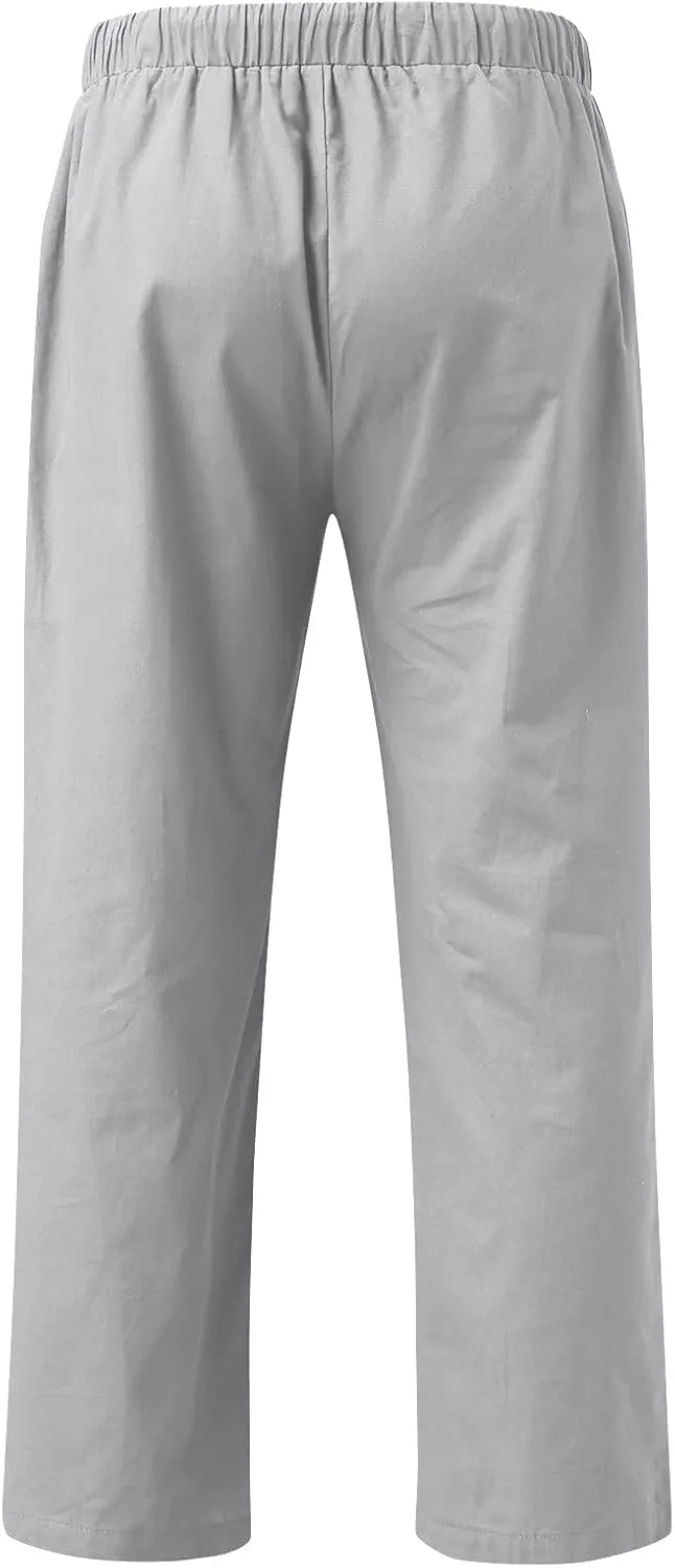 Men's Casual Linen Pants Lightweight Casual Relaxed Fit Wide Leg Breathable Drawstring Waist Summer Beach Trousers