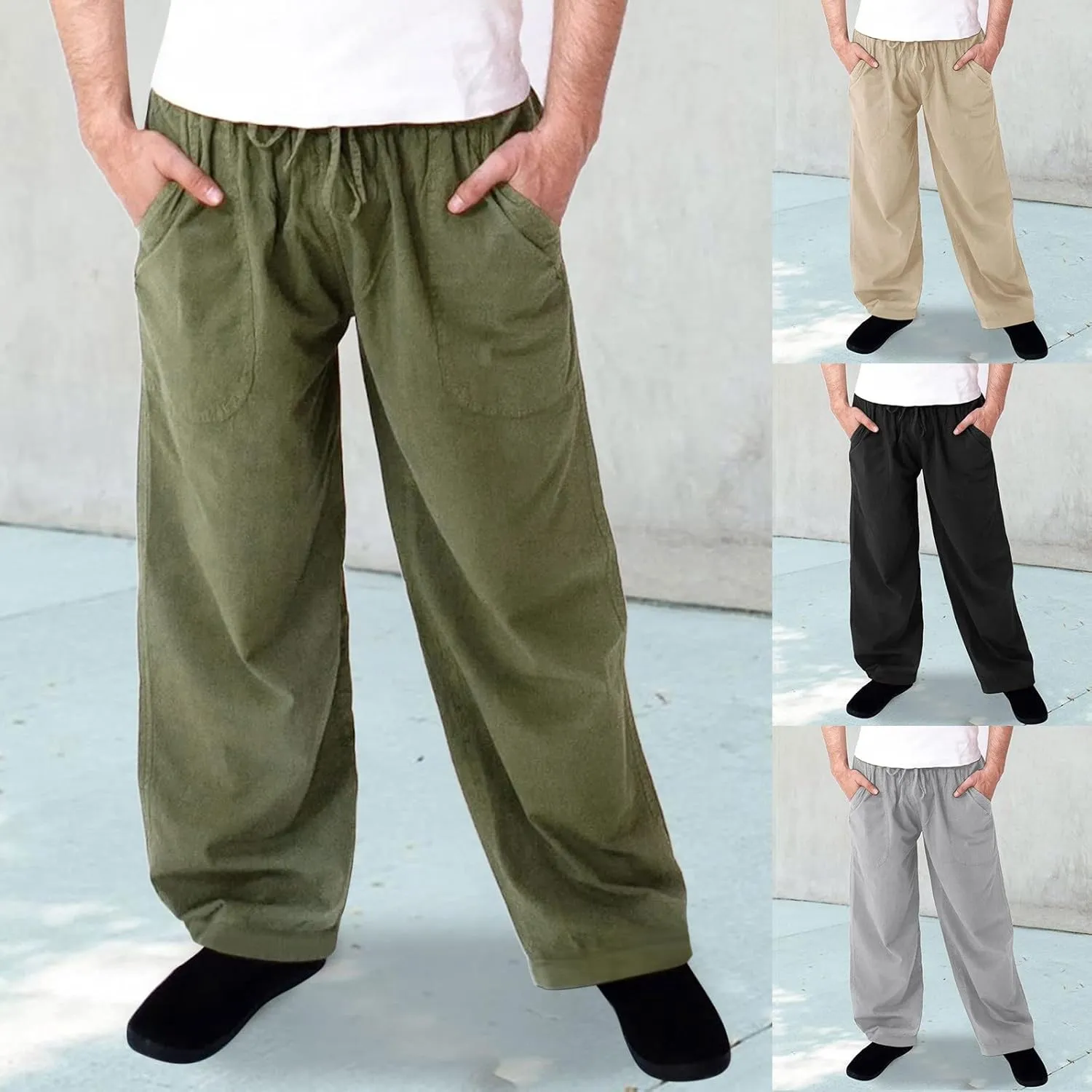 Men's Casual Linen Pants Lightweight Casual Relaxed Fit Wide Leg Breathable Drawstring Waist Summer Beach Trousers