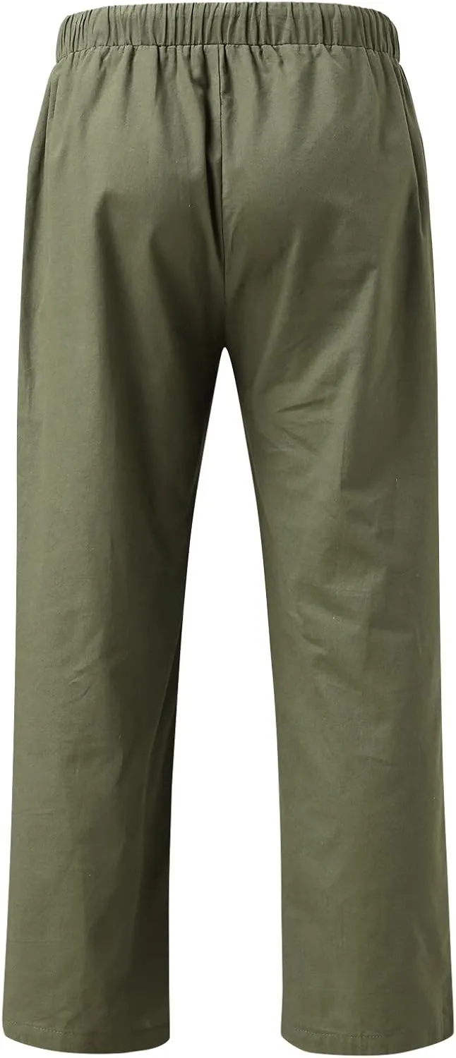 Men's Casual Linen Pants Lightweight Casual Relaxed Fit Wide Leg Breathable Drawstring Waist Summer Beach Trousers