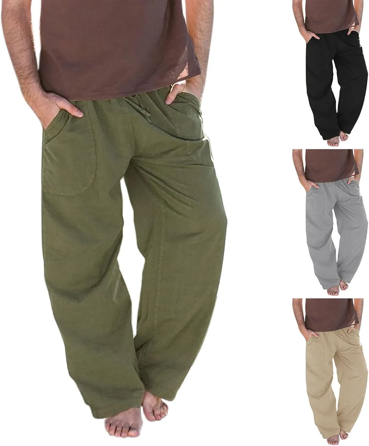 Men's Casual Linen Pants Lightweight Casual Relaxed Fit Wide Leg Breathable Drawstring Waist Summer Beach Trousers