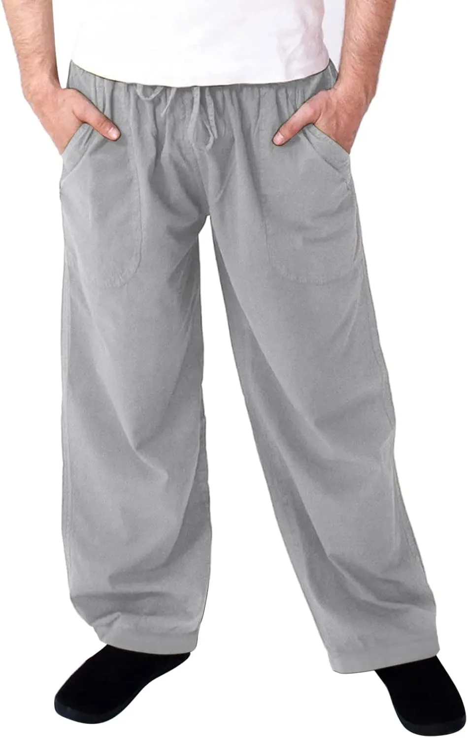 Men's Casual Linen Pants Lightweight Casual Relaxed Fit Wide Leg Breathable Drawstring Waist Summer Beach Trousers
