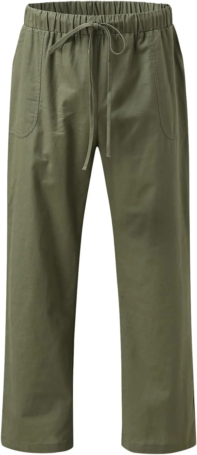 Men's Casual Linen Pants Lightweight Casual Relaxed Fit Wide Leg Breathable Drawstring Waist Summer Beach Trousers