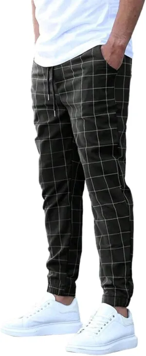 Men's Casual Plaid Pants Drawstring Stretch Dress Pants Slim Fit Skinny Chinos Tapered Business Casual Cinch Pants