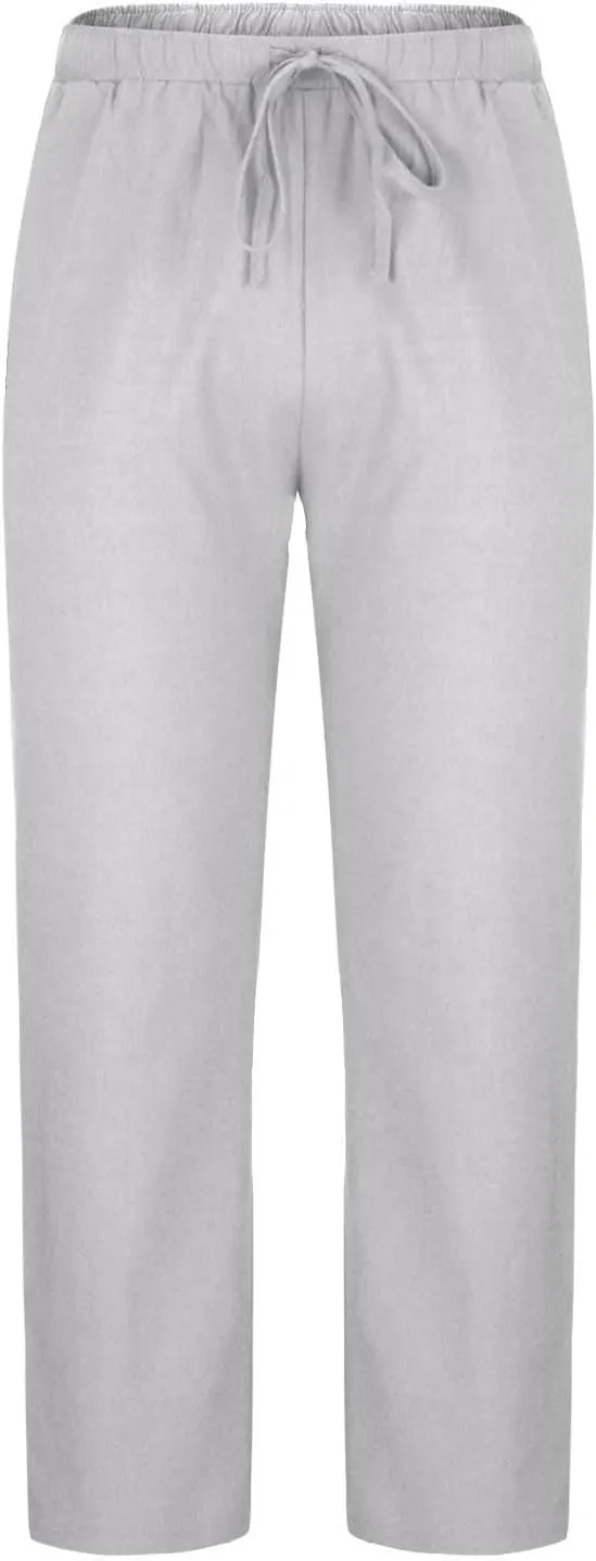 Mens Cotton Linen Drawstring Pants Elastic Waist Casual Jogger Yoga Pants Summer Fashion Casual Solid Pants Trousers
