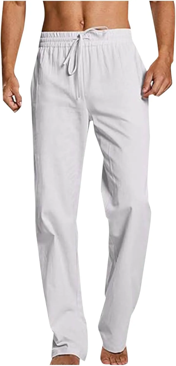 Mens Cotton Linen Drawstring Pants Elastic Waist Casual Jogger Yoga Pants Summer Fashion Casual Solid Pants Trousers