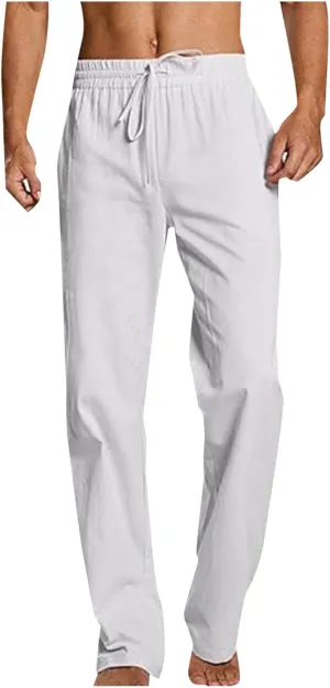 Mens Cotton Linen Drawstring Pants Elastic Waist Casual Jogger Yoga Pants Summer Fashion Casual Solid Pants Trousers