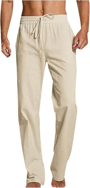 Mens Cotton Linen Drawstring Pants Elastic Waist Casual Jogger Yoga Pants Summer Fashion Casual Solid Pants Trousers