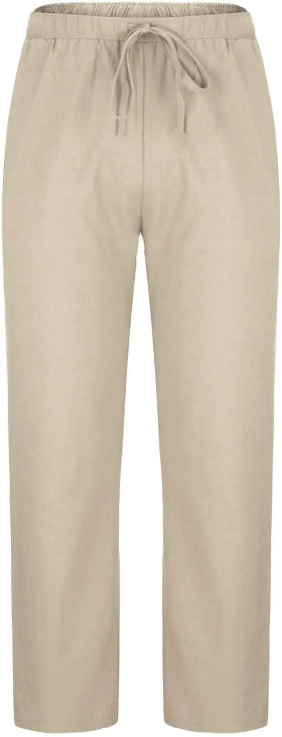 Mens Cotton Linen Drawstring Pants Elastic Waist Casual Jogger Yoga Pants Summer Fashion Casual Solid Pants Trousers