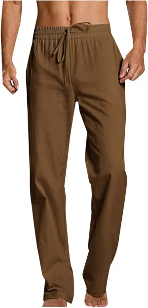 Mens Cotton Linen Drawstring Pants Elastic Waist Casual Jogger Yoga Pants Summer Fashion Casual Solid Pants Trousers