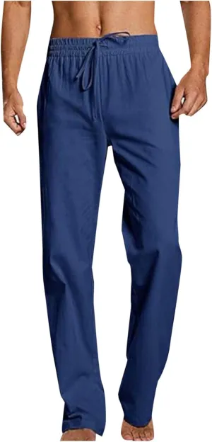 Mens Cotton Linen Drawstring Pants Elastic Waist Casual Jogger Yoga Pants Summer Fashion Casual Solid Pants Trousers