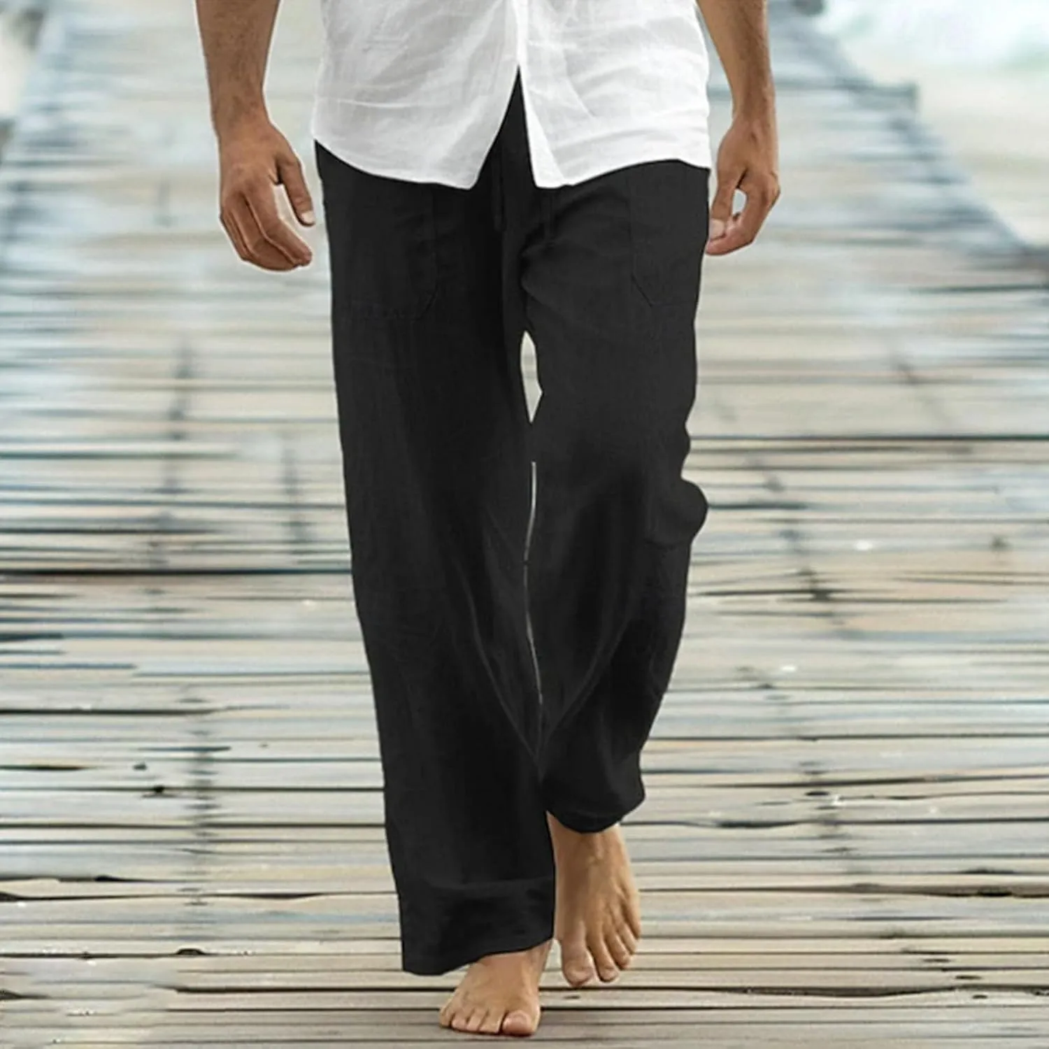 Mens Cotton Linen Joggers Sweatpants Casual Drawstring Elastic Waist Pant Baggy Quick Drying Workout Straight Trouser