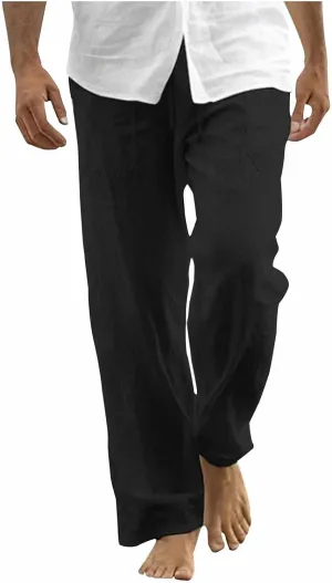 Mens Cotton Linen Joggers Sweatpants Casual Drawstring Elastic Waist Pant Baggy Quick Drying Workout Straight Trouser