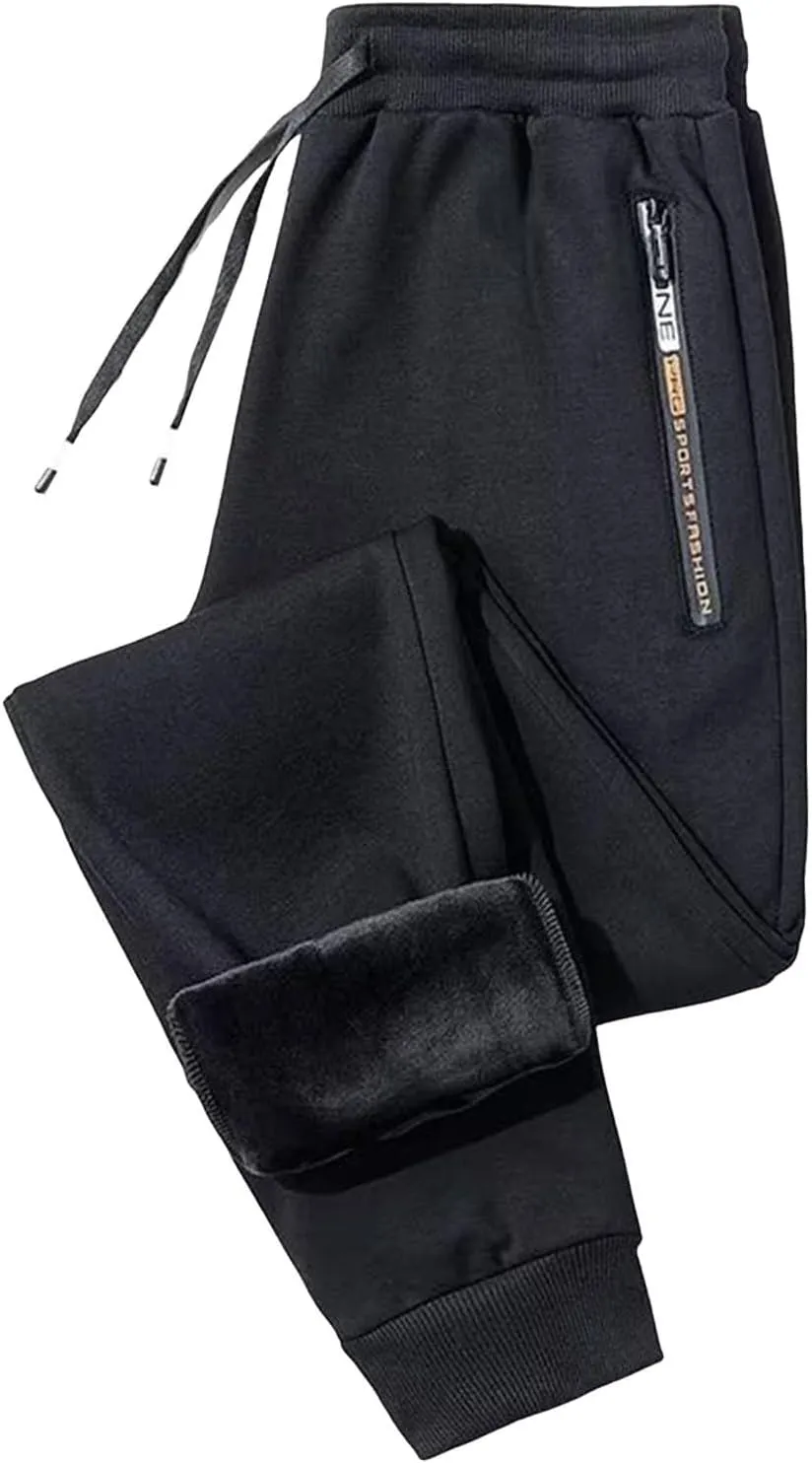 Mens Fleece Lined Pants, Mens Winter Warm Fleece Pants Sherpa Lined Sweatpants with Pockets Stretch Gym Running Pants