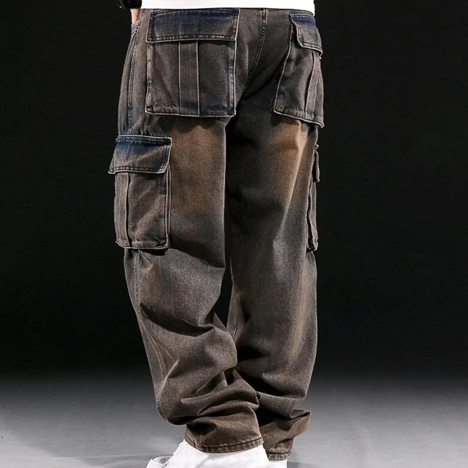 Men's Relaxed Fit Cargo Jeans Vintage Washed Straight Leg Work Denim Pants Stretch 6 Pockets Utility Pants Streetwear