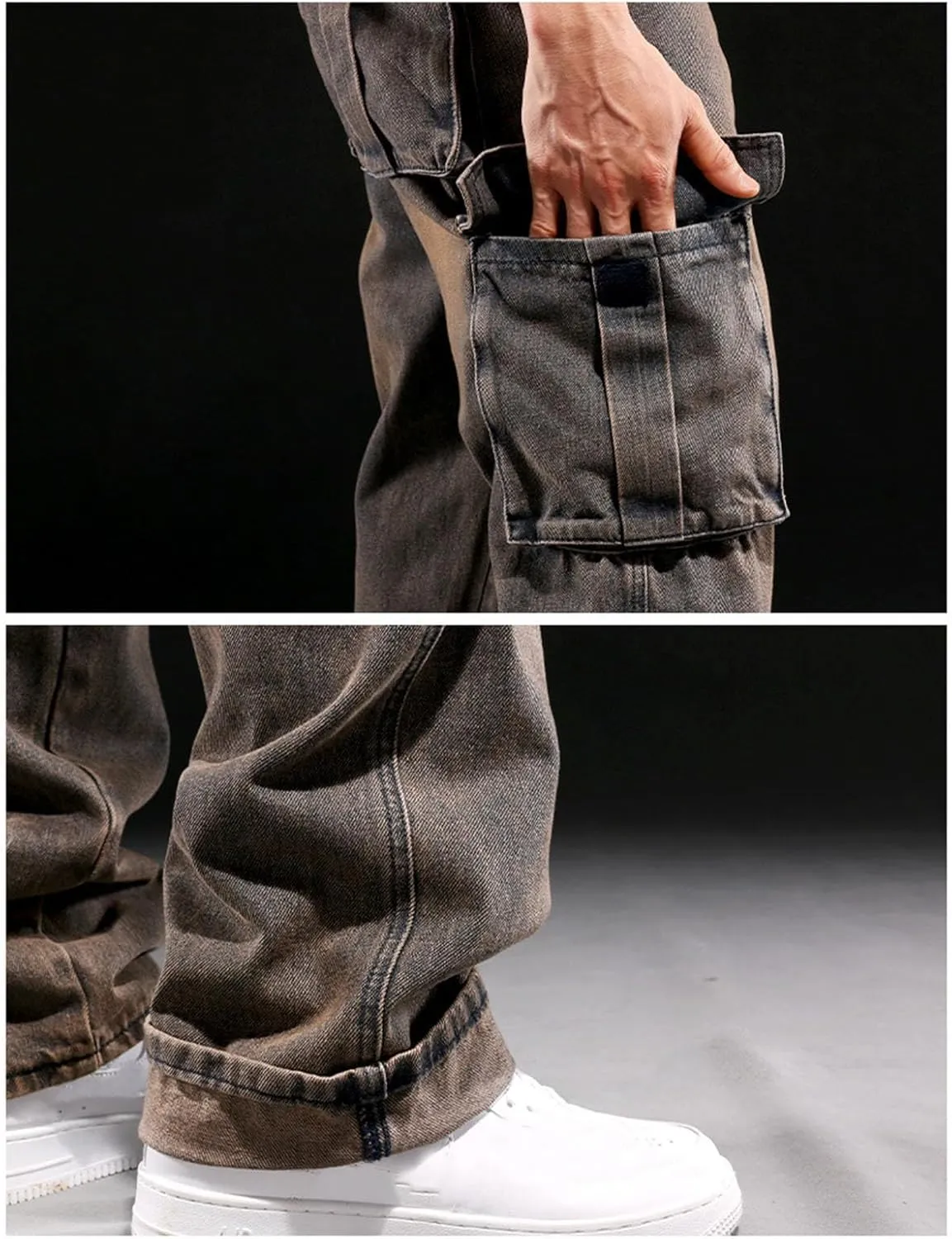 Men's Relaxed Fit Cargo Jeans Vintage Washed Straight Leg Work Denim Pants Stretch 6 Pockets Utility Pants Streetwear
