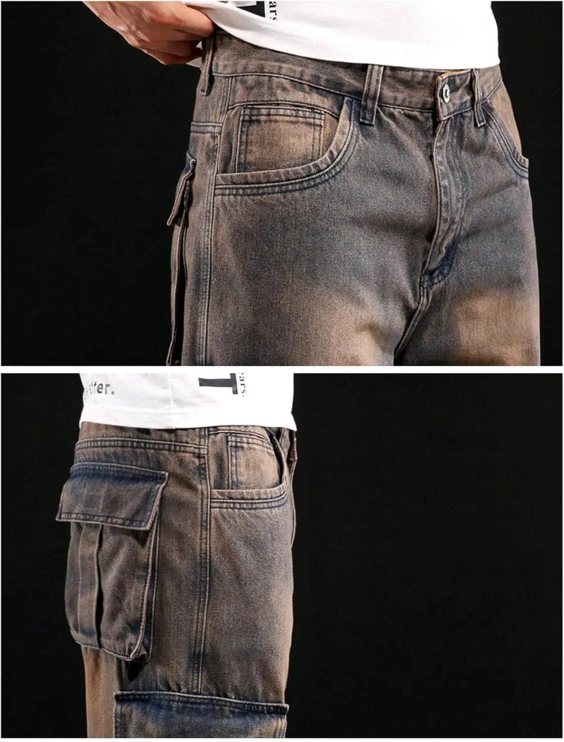 Men's Relaxed Fit Cargo Jeans Vintage Washed Straight Leg Work Denim Pants Stretch 6 Pockets Utility Pants Streetwear