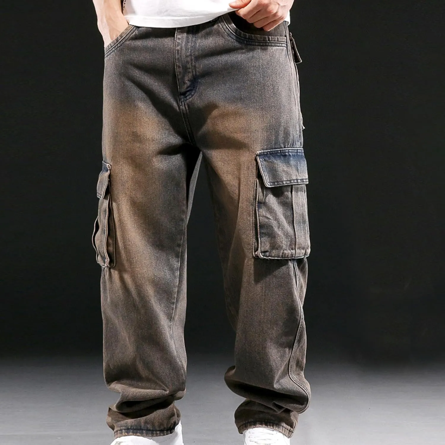 Men's Relaxed Fit Cargo Jeans Vintage Washed Straight Leg Work Denim Pants Stretch 6 Pockets Utility Pants Streetwear