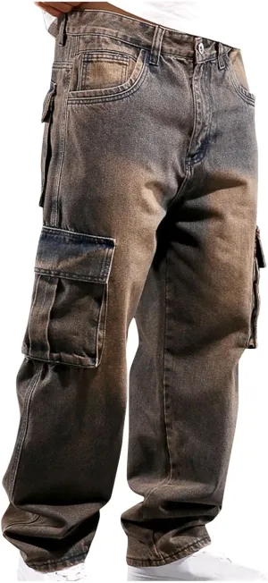 Men's Relaxed Fit Cargo Jeans Vintage Washed Straight Leg Work Denim Pants Stretch 6 Pockets Utility Pants Streetwear