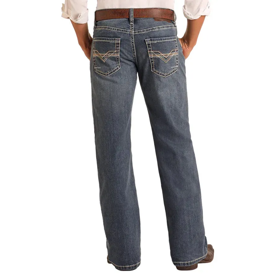 Men's Rock and Roll Denim Relaxed Fit Feather Stitch Bootcut Jeans BM0DD06122
