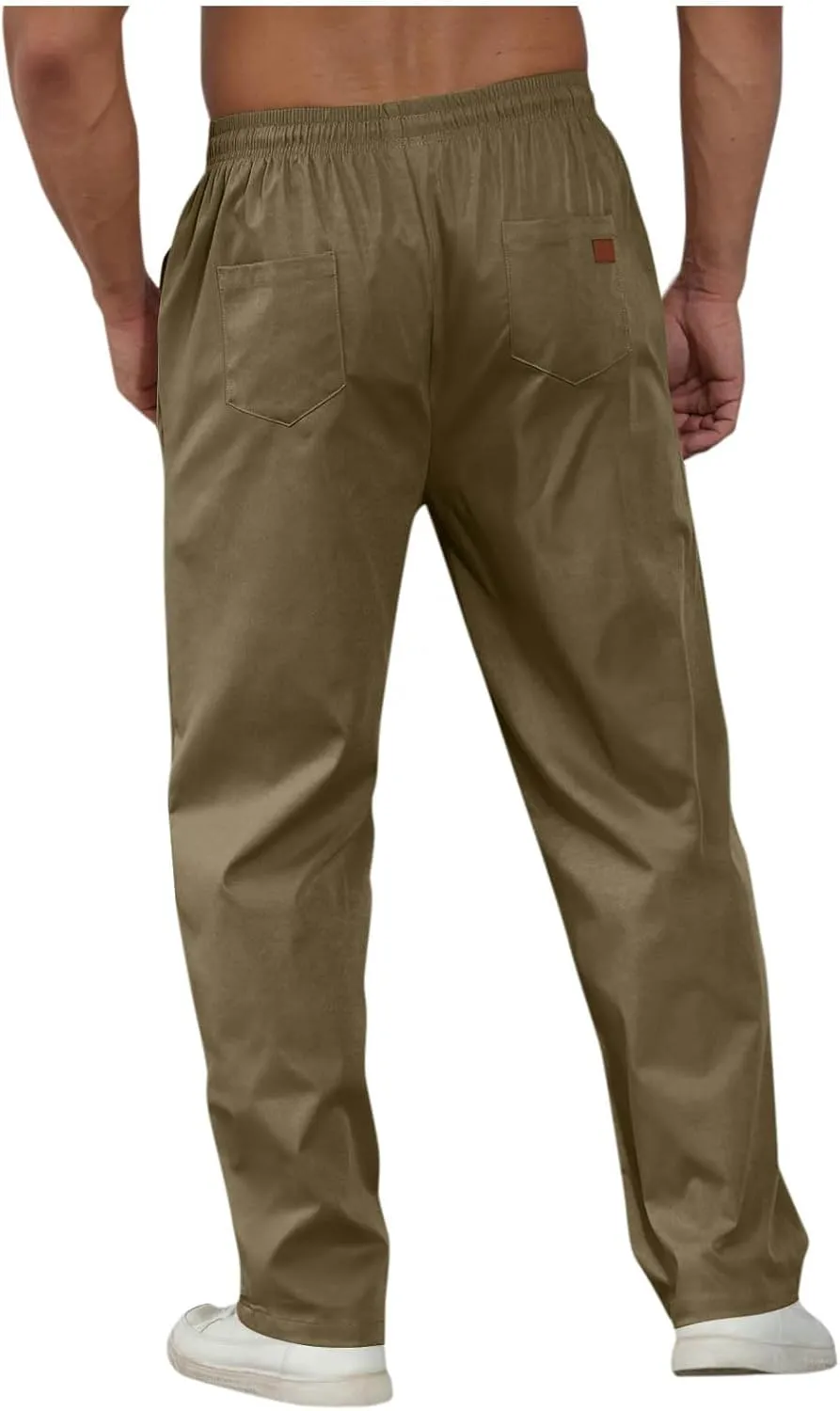 Mens Straight Leg Pants Casual Elastic Waist Drawstring Daily Casual Hiking Chino Cargo Trousers with Pockets